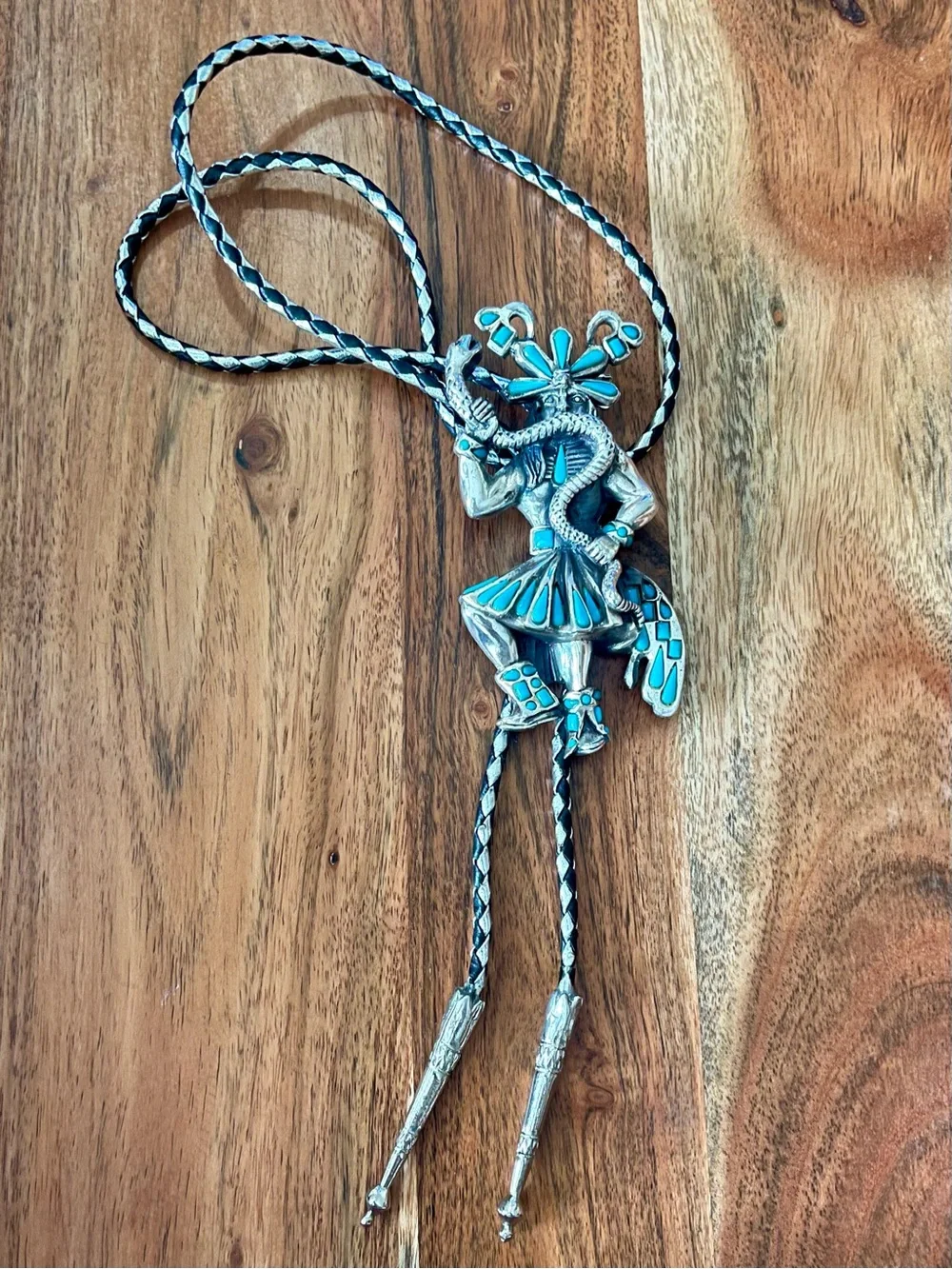 Vintage Southwestern bolo tie silver-toned Kachina dancer with snake